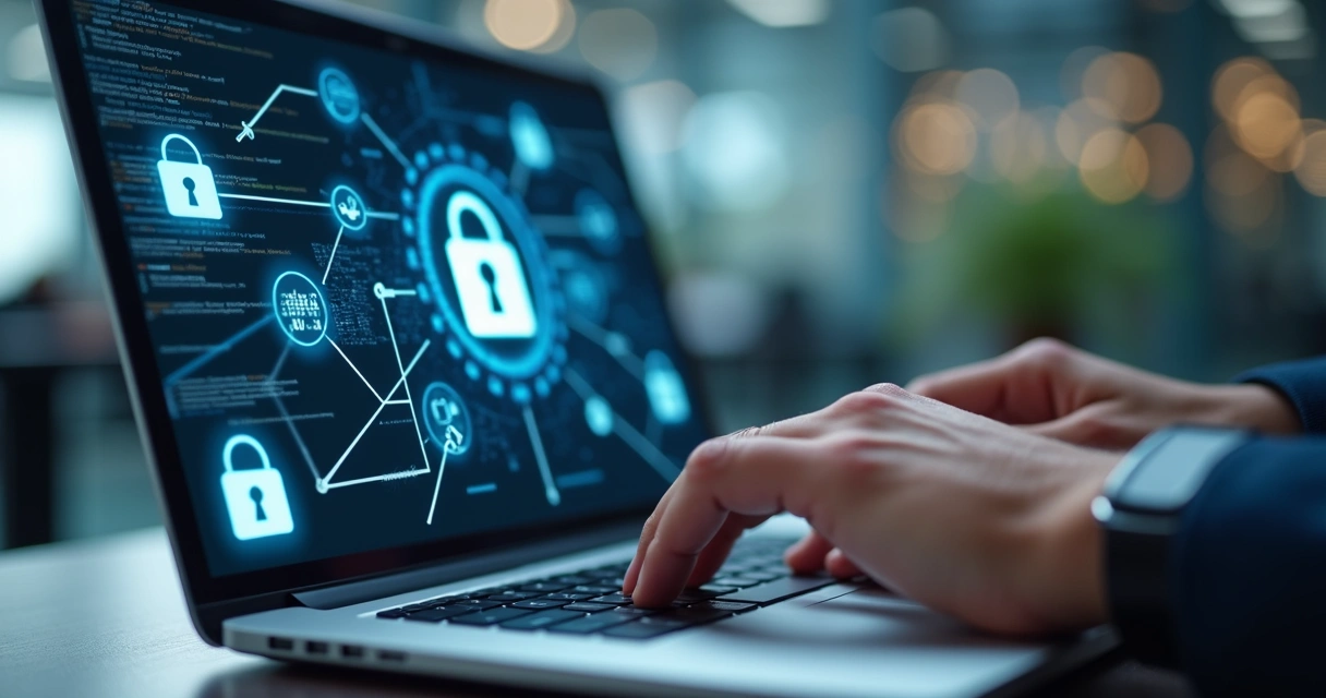 Close-up of hands typing a complex password on a laptop with digital security icons floating around the screen 