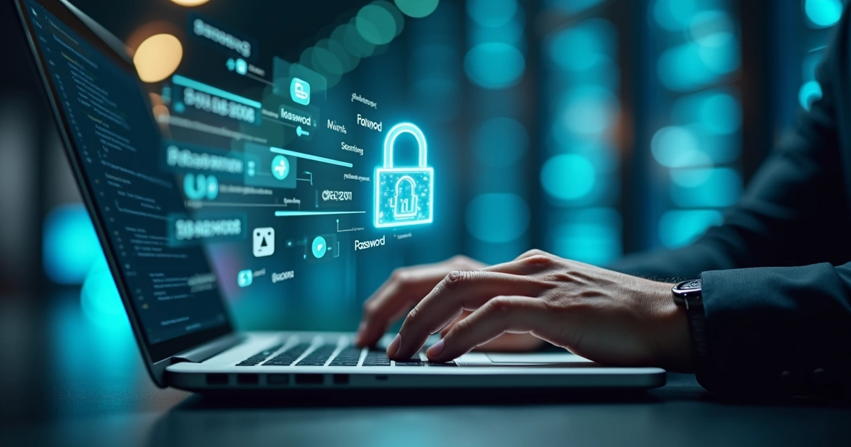 Close-up of hands typing on a laptop with a holographic lock and password symbols floating above a dark workspace 