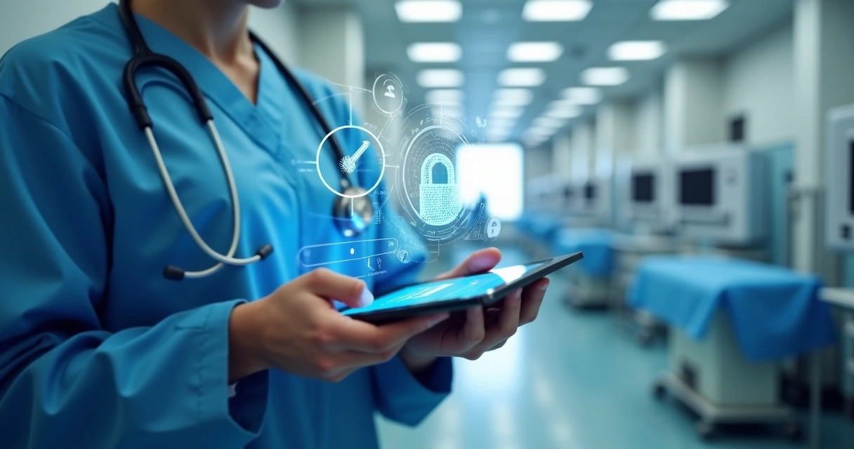 Healthcare professional managing secure passwords on a digital tablet in a hospital environment 
