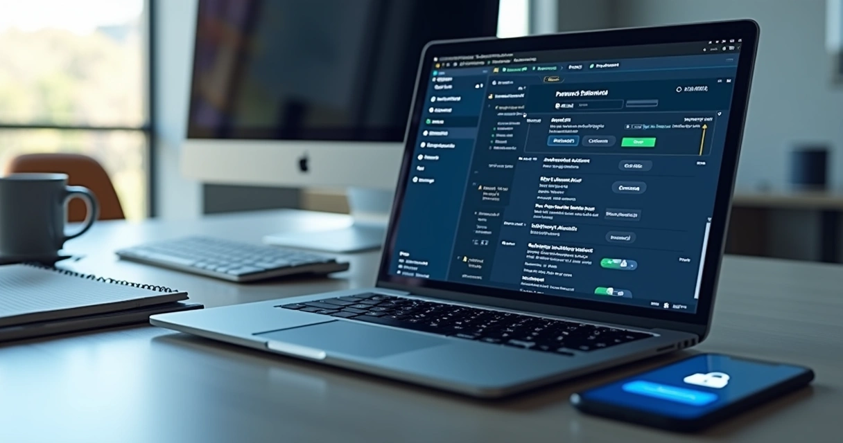 Workspace showing a laptop with a password manager app open alongside a notebook and smartphone 