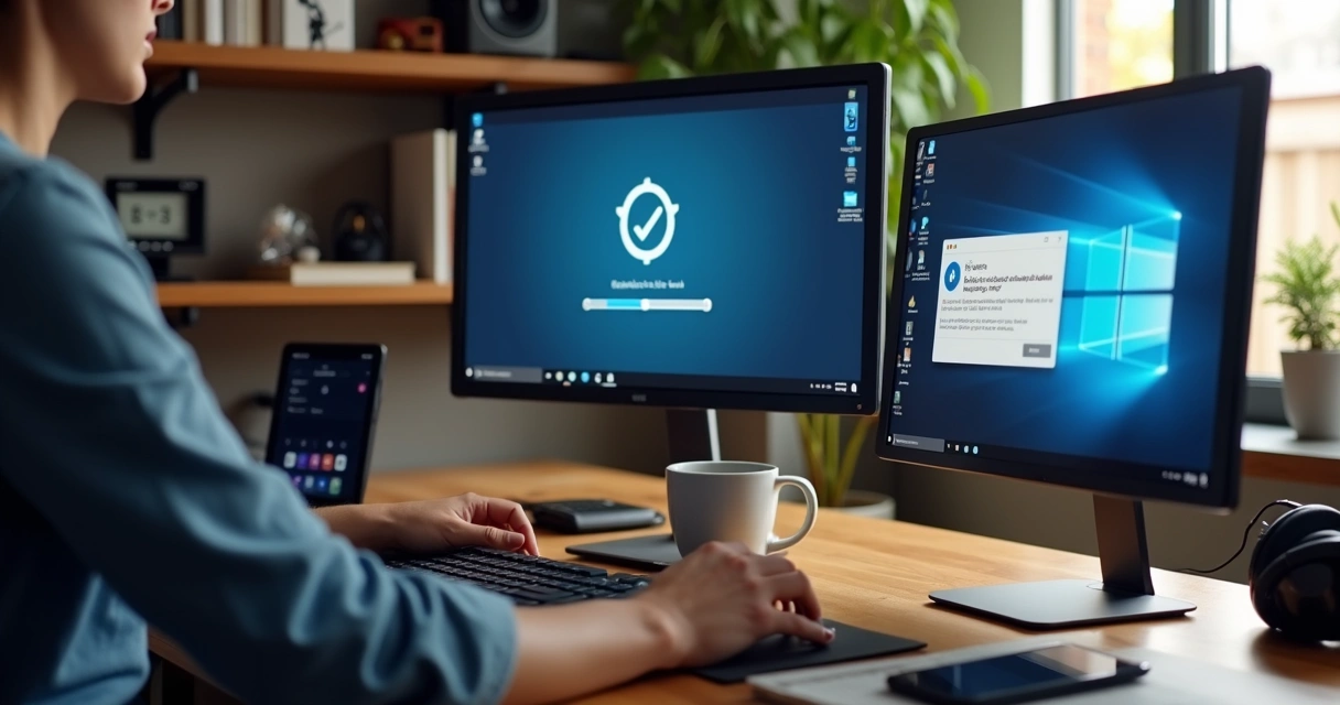 Remote worker at a desk with two monitors, each displaying security alerts and update notifications 