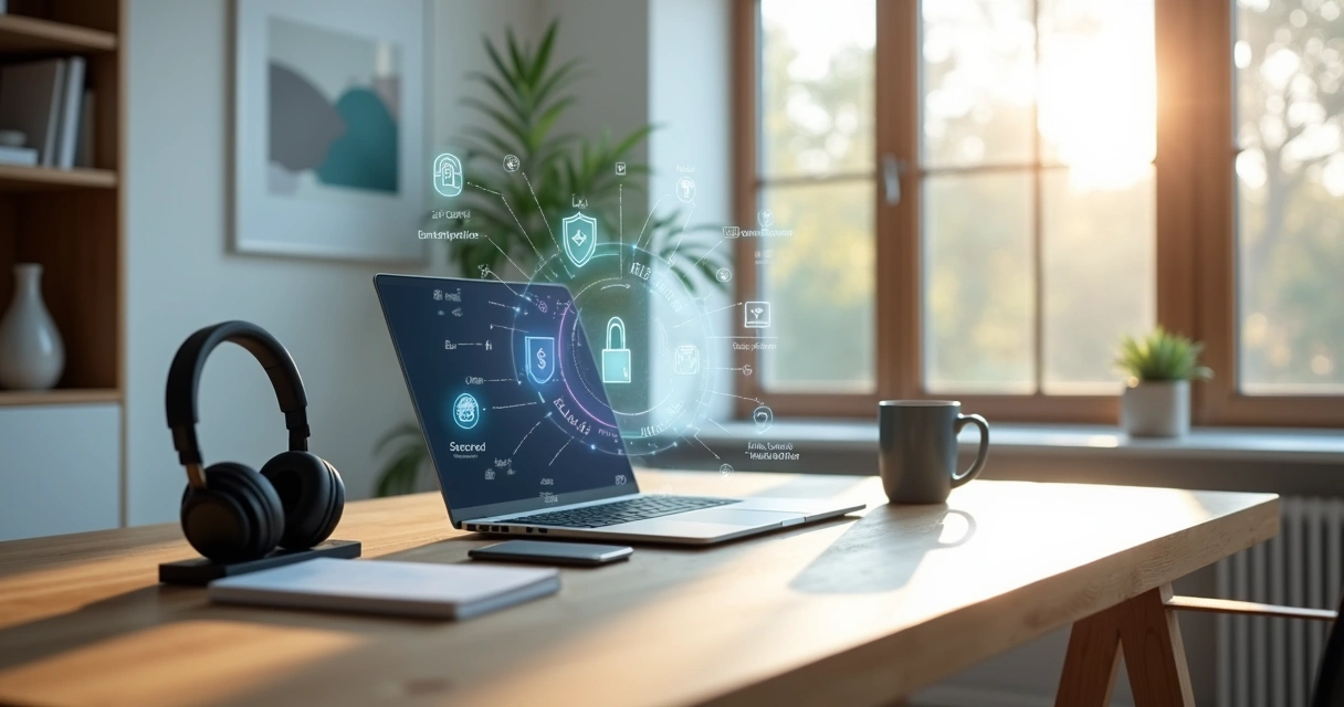Remote worker at home desk surrounded by layered digital security icons 