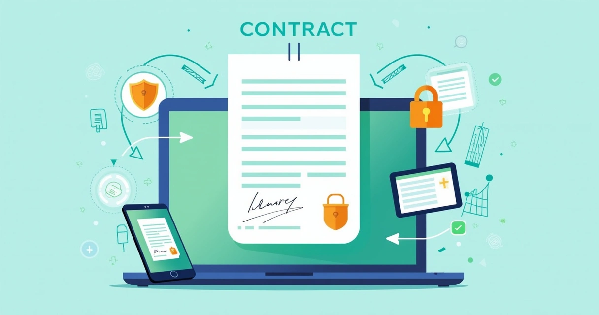 Visual flow of secure electronic signature process with shield, lock, devices, and timeline 