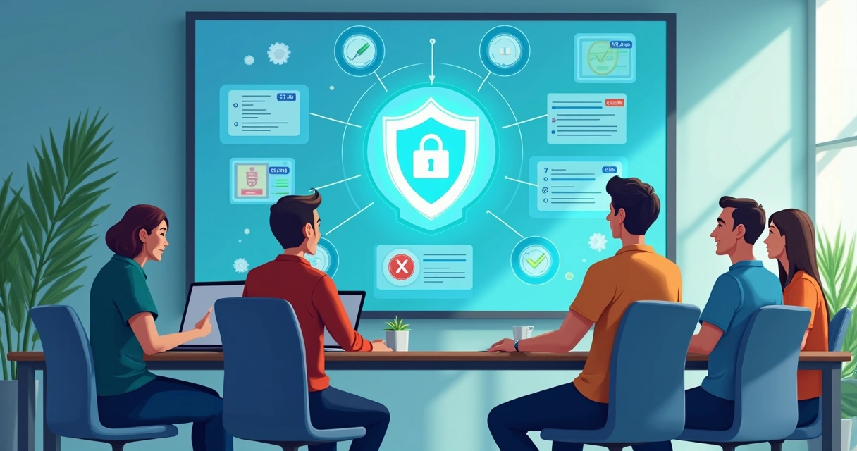 Team reviewing digital security dashboard with contract icons 