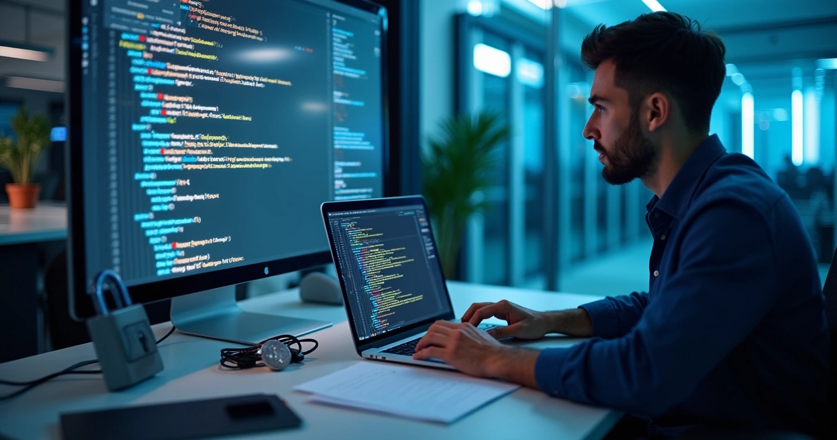 Developer reviewing security code on a laptop