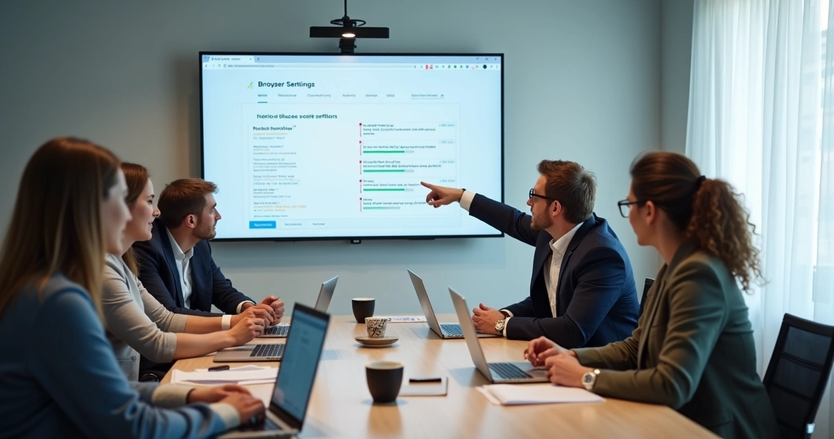 Corporate team reviewing browser security policies together 