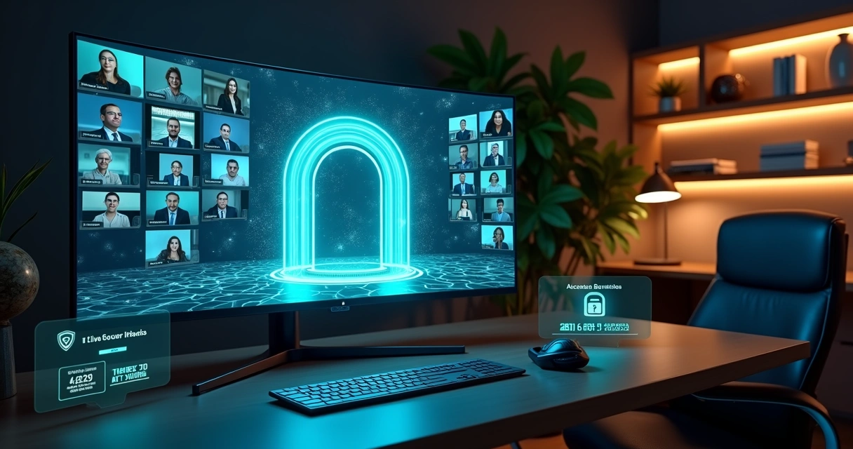 Secure virtual conference lobby with attendees joining through protective digital gateway 