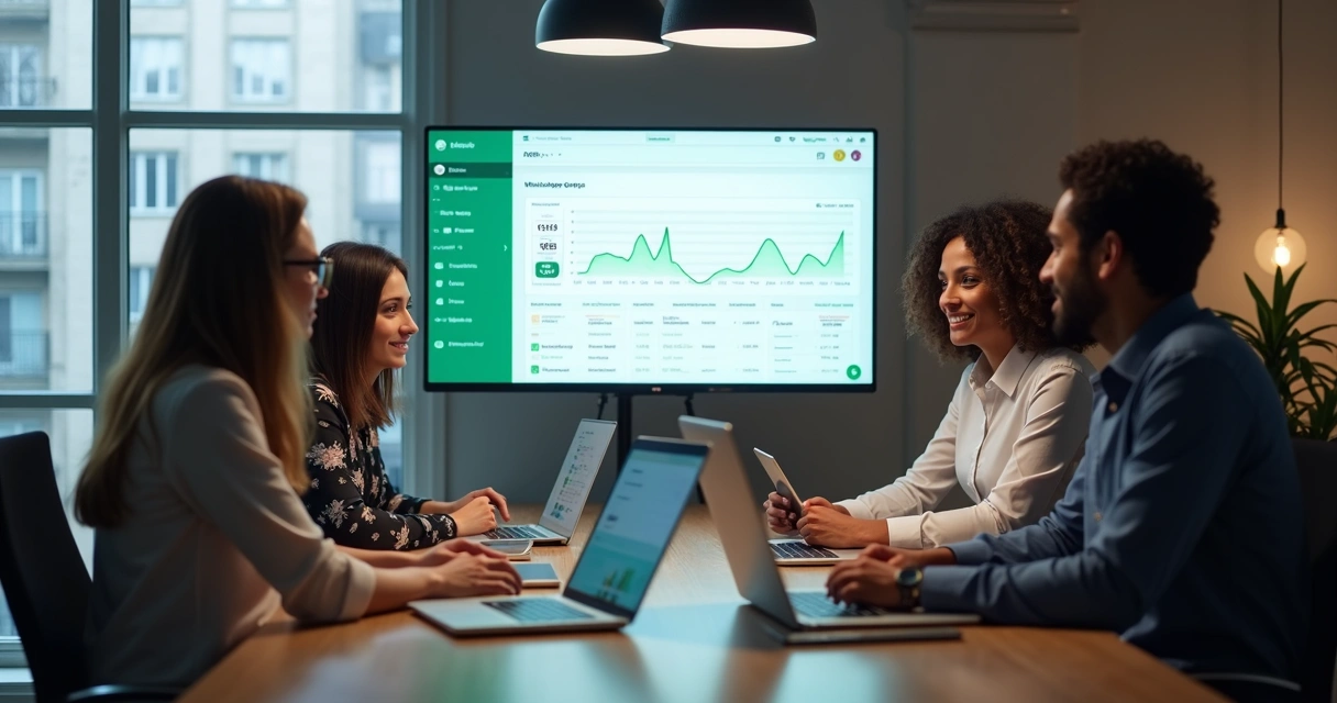 Team of marketers using laptops with a large screen showing WhatsApp group automation interface in a modern office