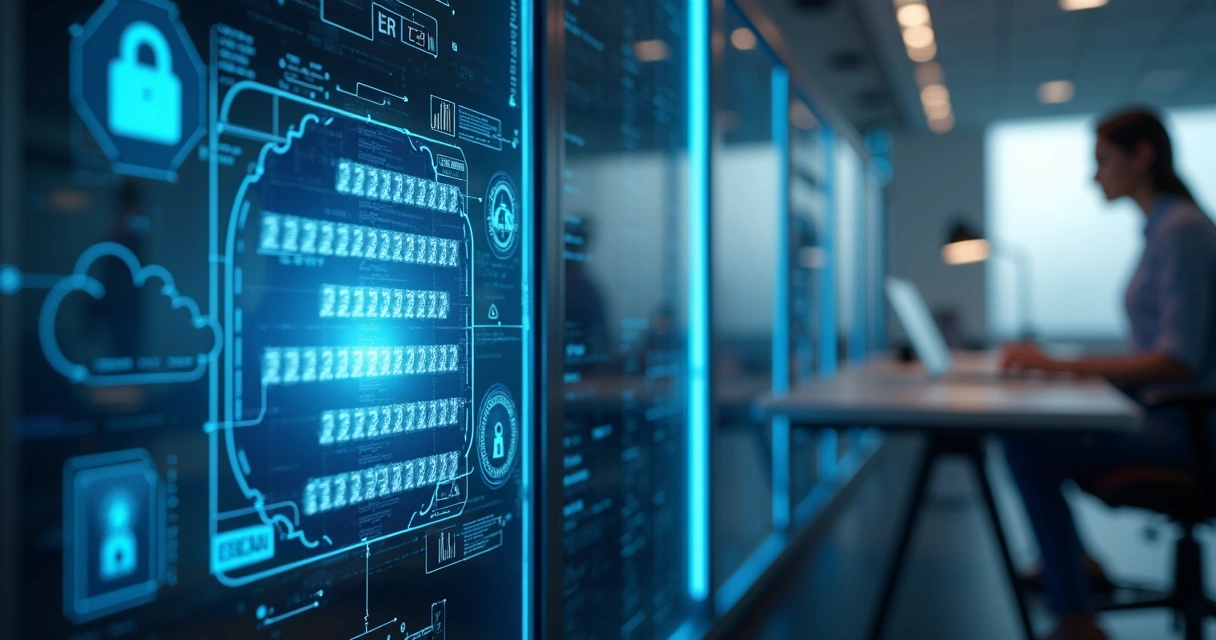 Corporate password vault on a digital interface with security icons and encrypted data streams 