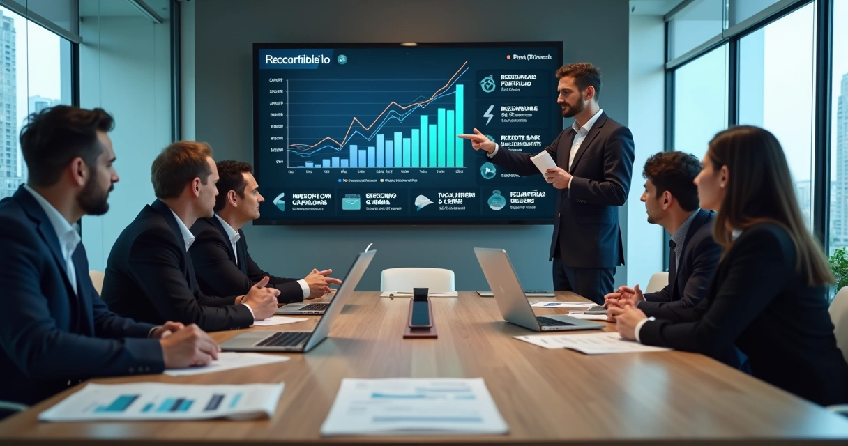 Executivos analisando fluxo de caixa e recebíveis em painel financeiro digital 