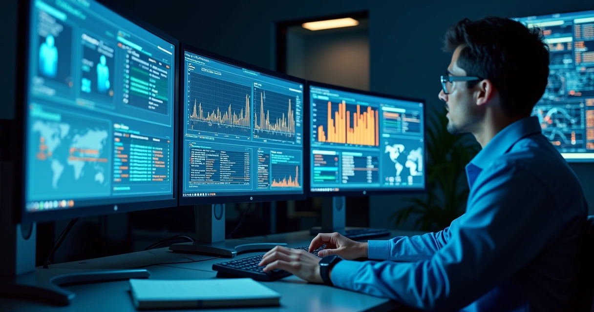Security analyst reviewing user activity dashboards in a SOC 