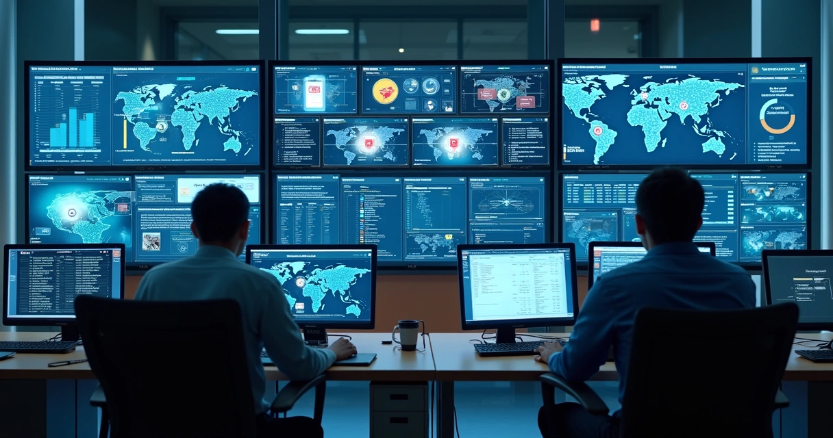 Security operations dashboard with AI risk alerts on large screens 