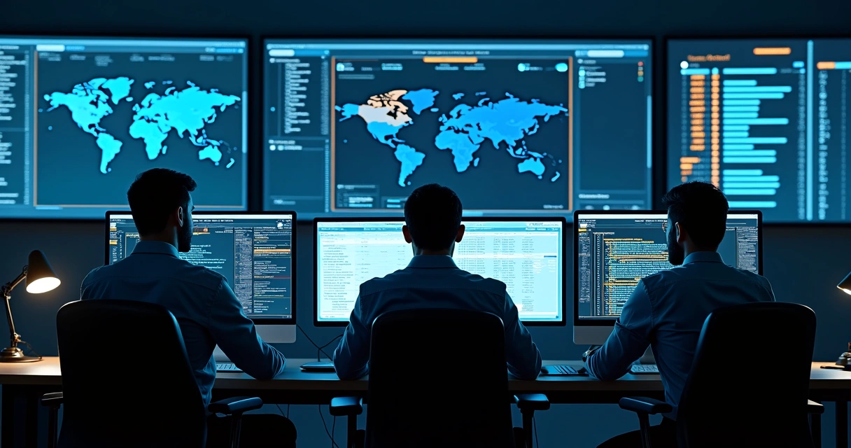 Security analysts reviewing incident data on multiple screens 