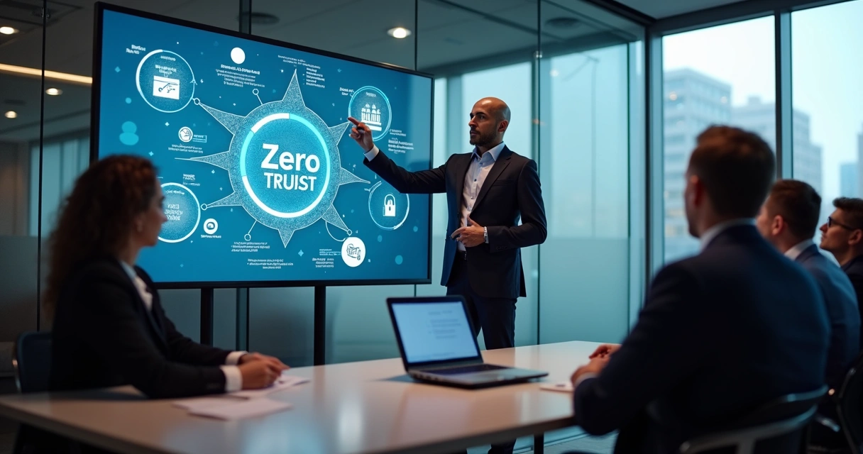 Speaker presenting zero trust concepts to business leaders in a conference room