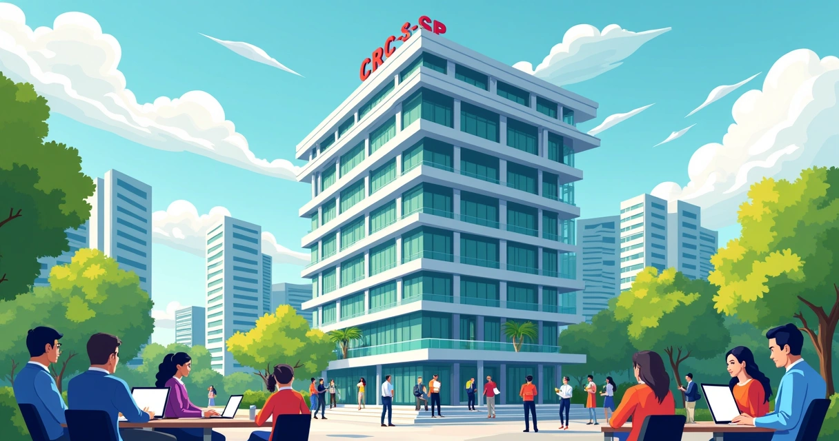 Ilustração da sede do CRC-SP em São Paulo com contadores participando de eventos e cursos, simbolizando a importância da contabilidade.