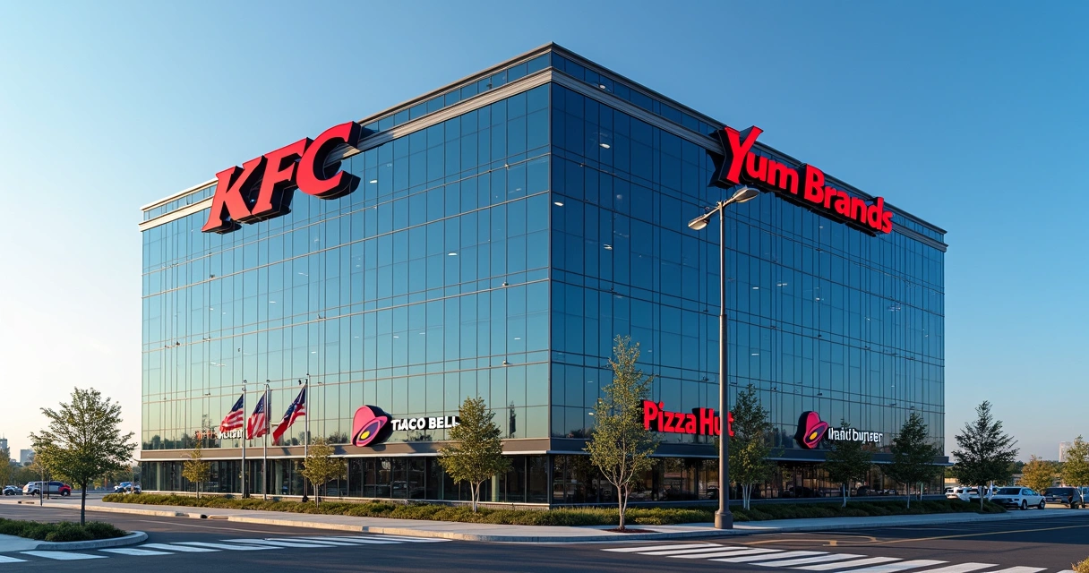 Vista panorâmica de prédio corporativo com placas das marcas KFC, Taco Bell, Pizza Hut e Habit Burger. 