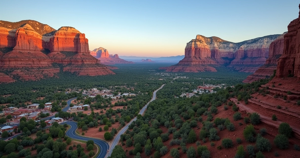 Sedona red rock formations above a desert town