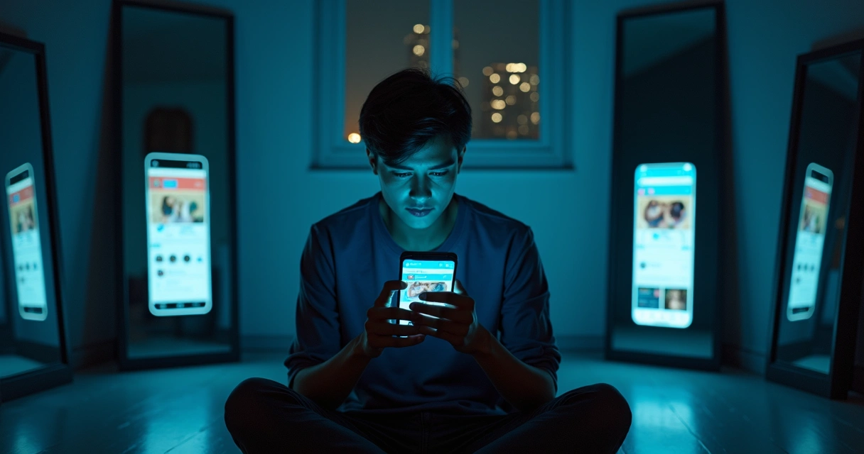 Person surrounded by phone screens and mirrors seeking online approval 