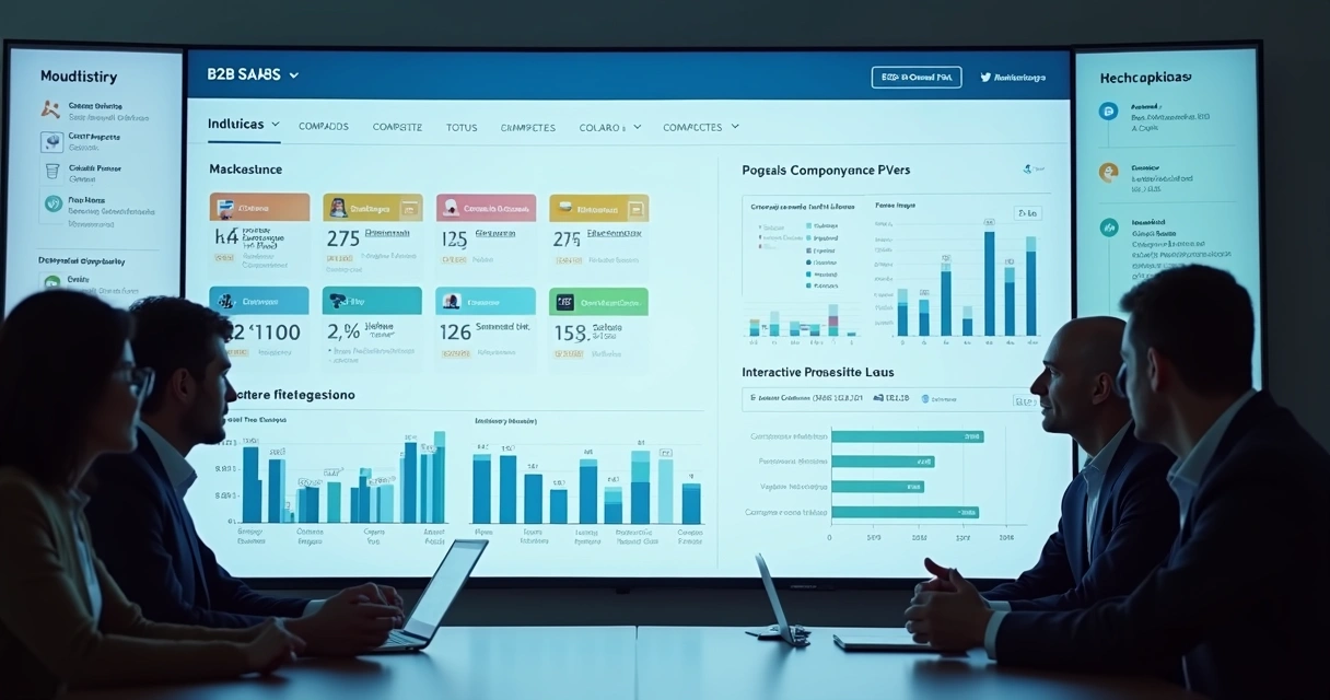 Painel digital mostra segmento SaaS, dados de CNPJ e decisores B2B para ABM. 