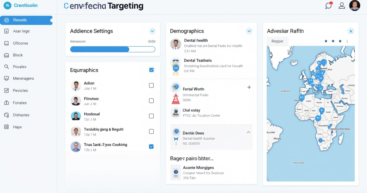 Dashboard de segmentação de anúncios odontológicos destacando opções de público e localização 