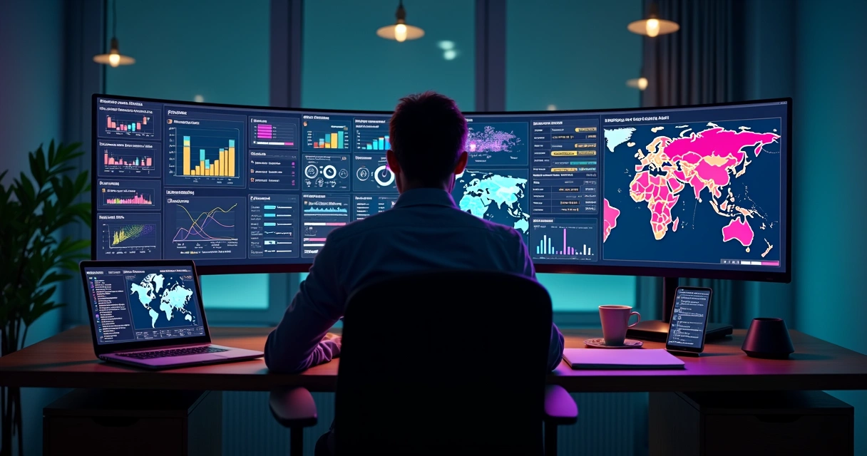 Profissional analisando painel de segmentação de anúncios com gráficos e público alvo em destaque 