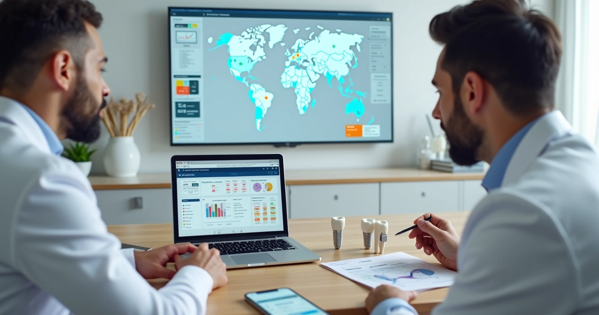 Dentista e gestor analisando segmentação de anúncios de implantes dentários no notebook 