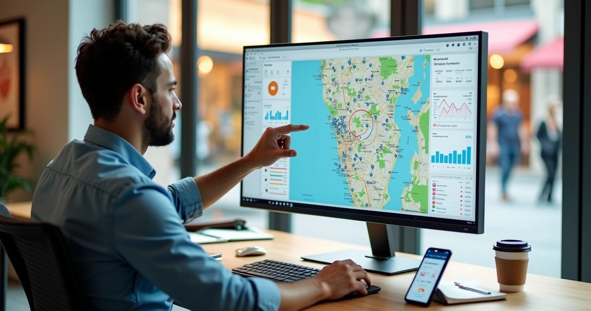 Empresário analisando mapa com segmentação de anúncios em área urbana 