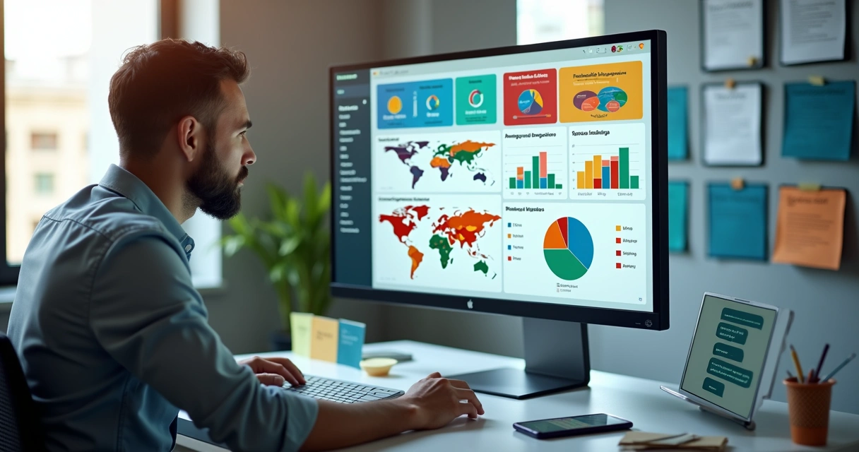 Profissional analisando painel com segmentos de audiência no marketing digital 