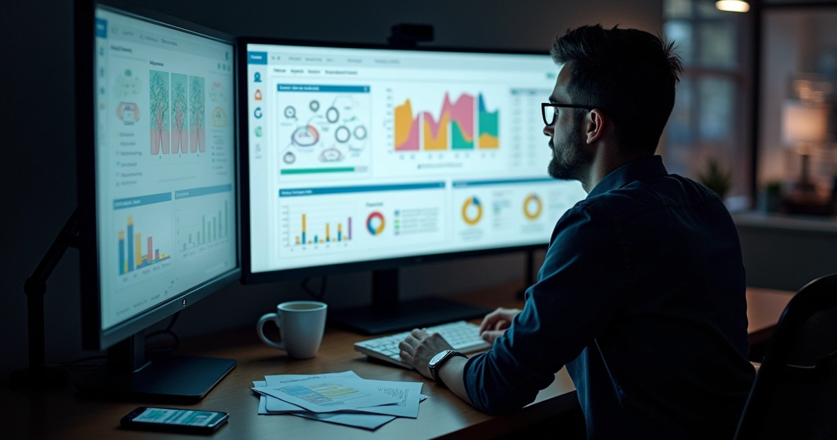 Profissional analisando diferentes categorias de leads no computador 