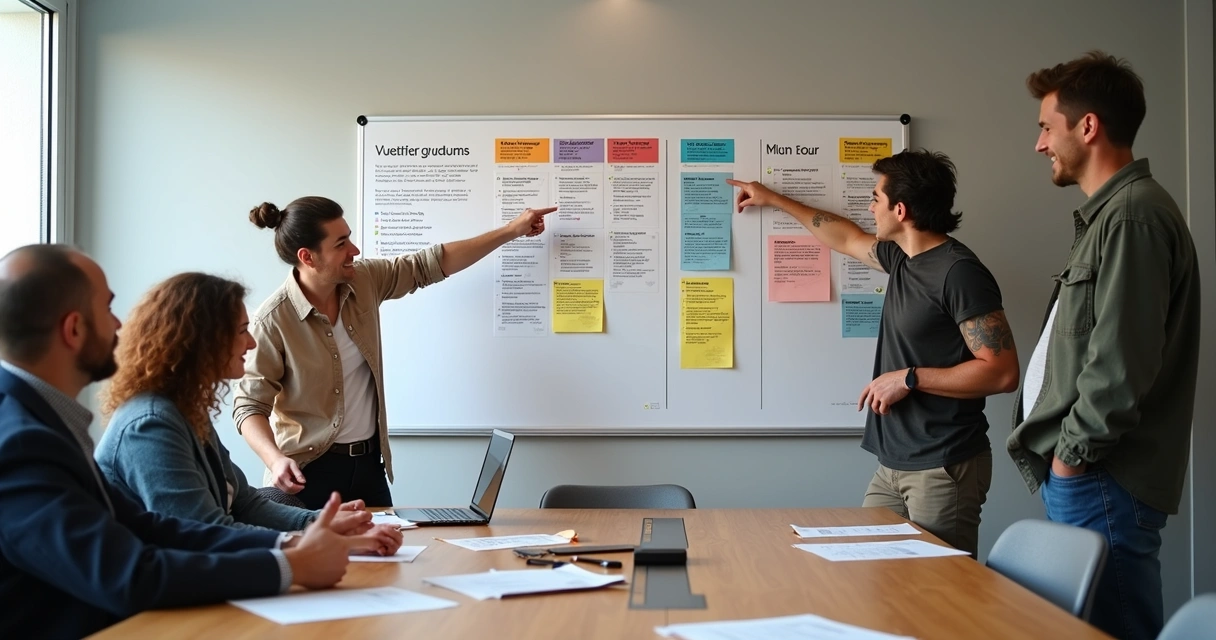 Equipe política discutindo a segmentação da base eleitoral em frente a um quadro de avisos.