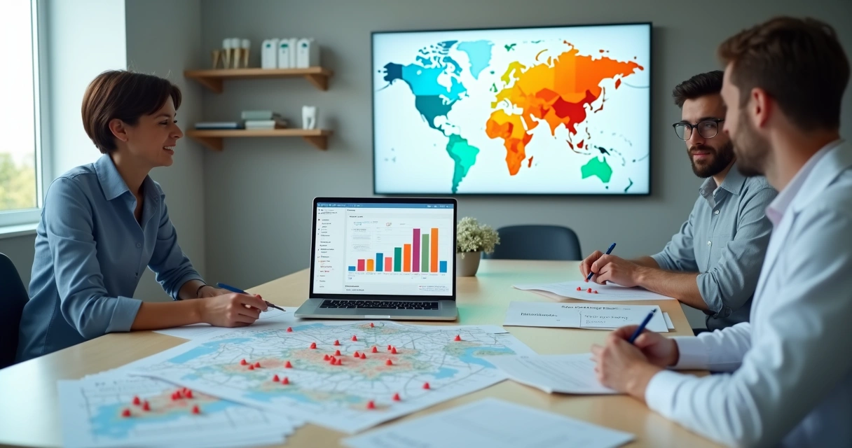 Gestor de clínica odontológica analisando mapa demográfico com ícones de pacientes 