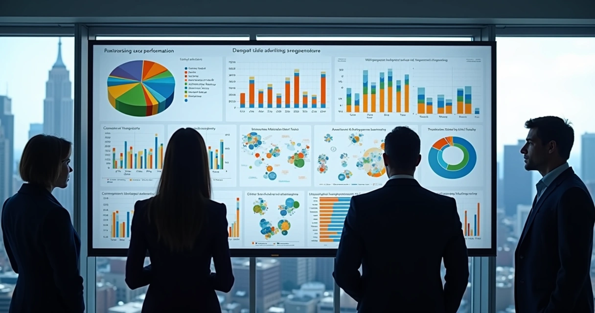 Painel digital mostrando gráficos de segmentação de campanha publicitária