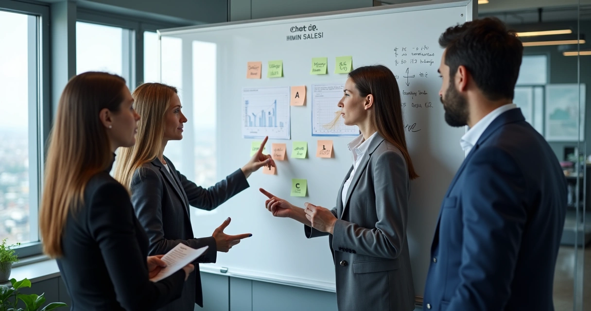 Quadro branco organizando clientes por categorias A, B e C, equipe analisando dados 