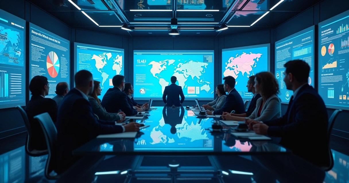 Equipe reunida analisando painéis digitais de segmentação e dados de ICP 