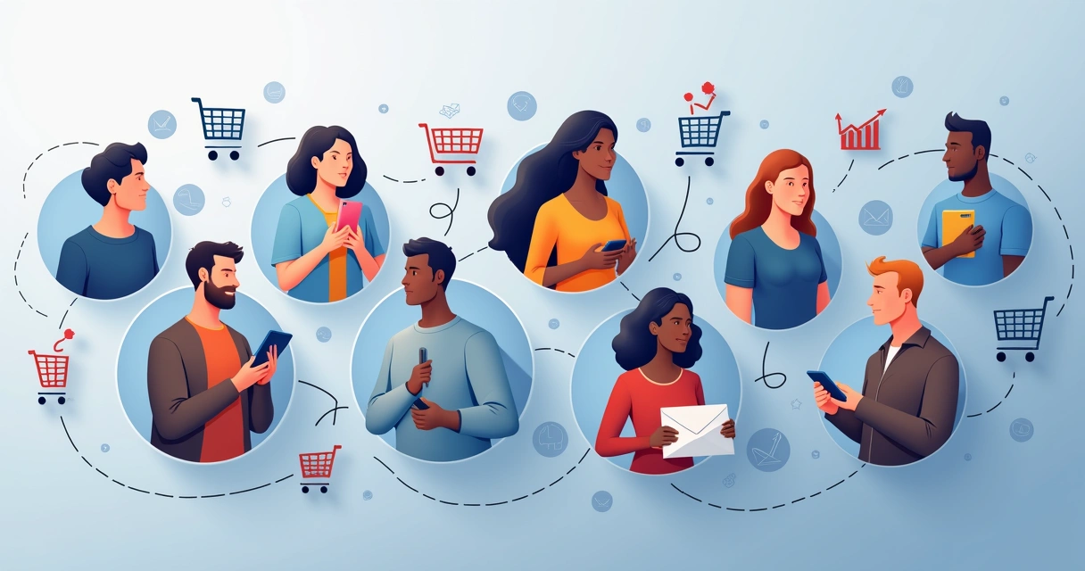 Ilustração de grupos diferentes de clientes com dados e gráficos