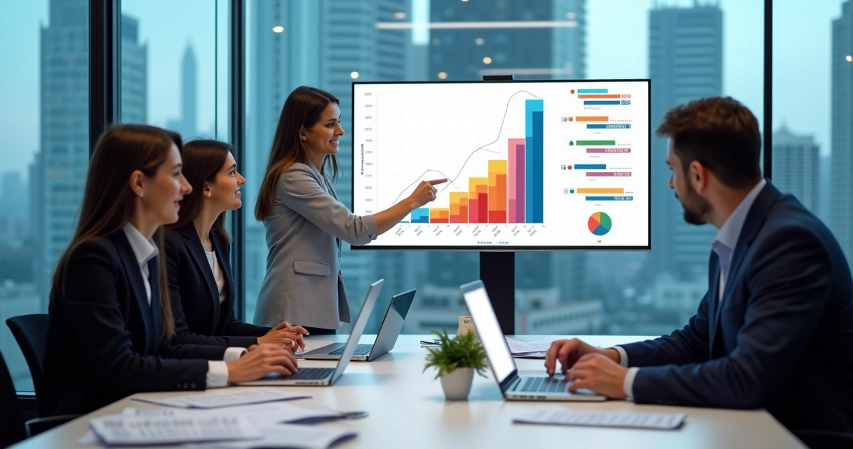 Empresas analisando gráficos e filtros de dados B2B 