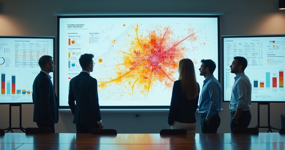 Escritório moderno com mapa de calor de clientes em destaque 