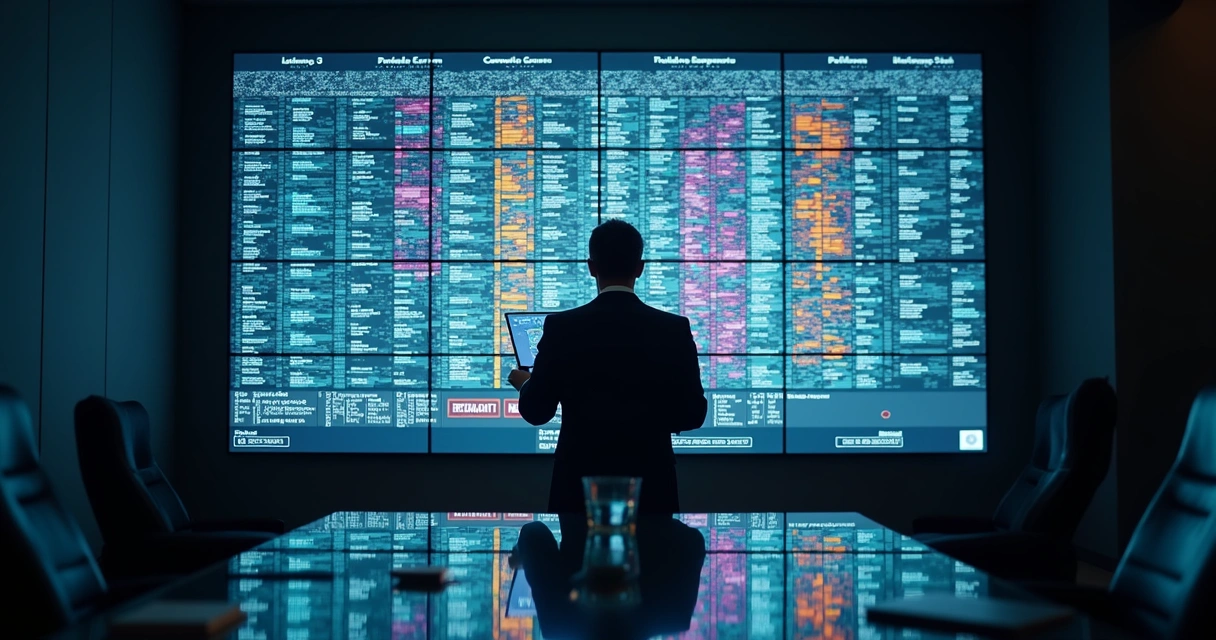 Profissional analisando mosaico de empresas coloridas em tela grande 