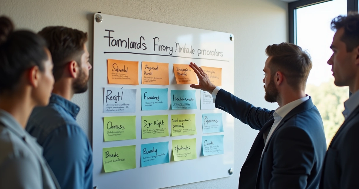 Profissional de BPO financeiro apontando para quadro com nichos de clientes separados por cores 