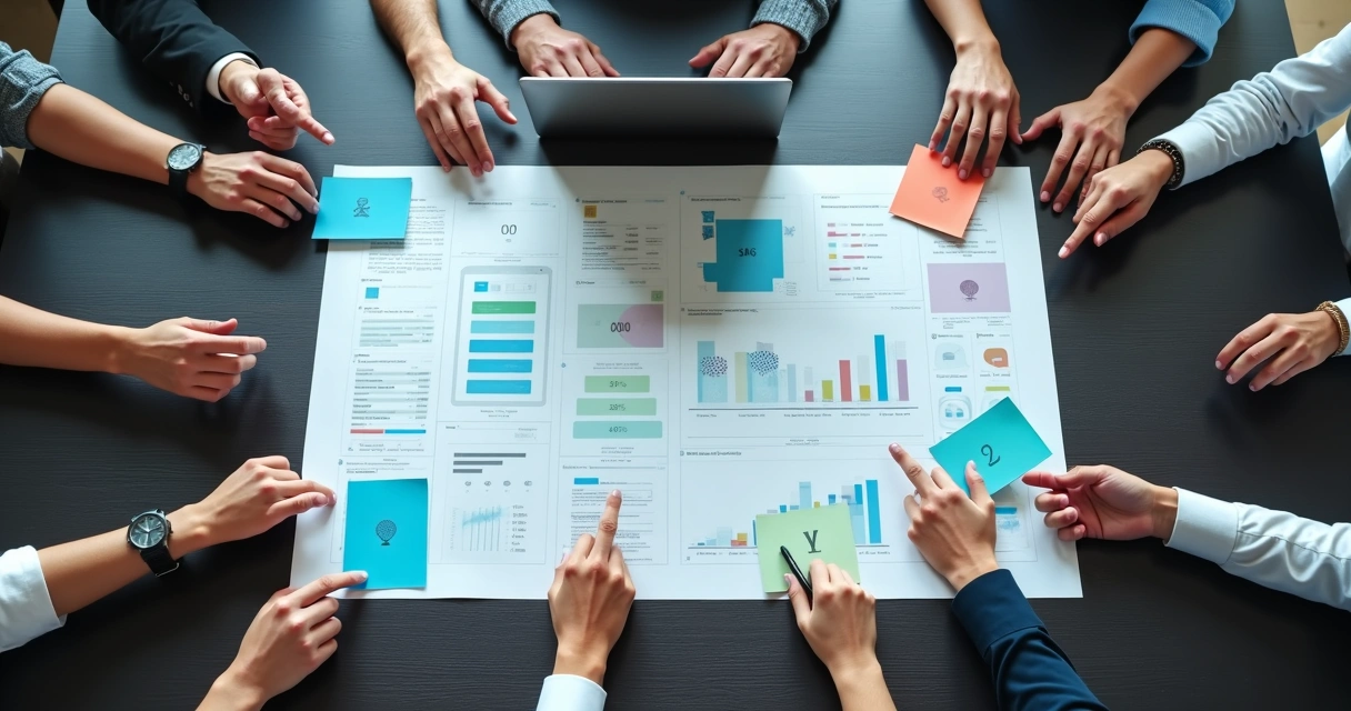 Cartas coloridas representando segmentos de clientes organizadas sobre grande painel de dados 