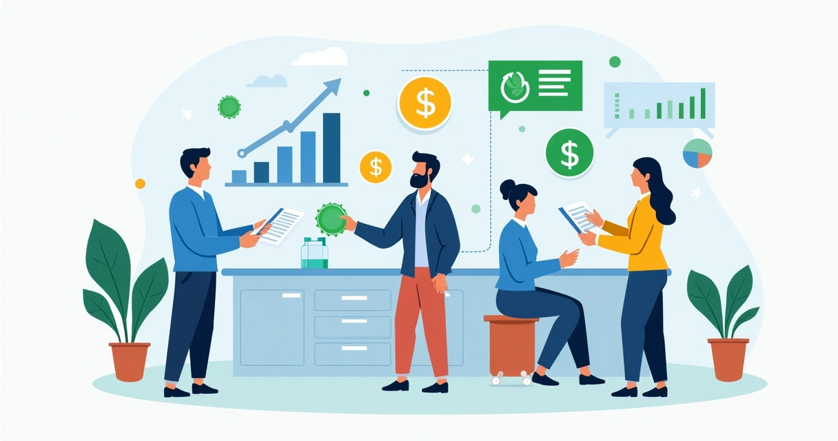 Grupos de clientes separados por perfis e cores, com gráficos de cobrança ao fundo. 