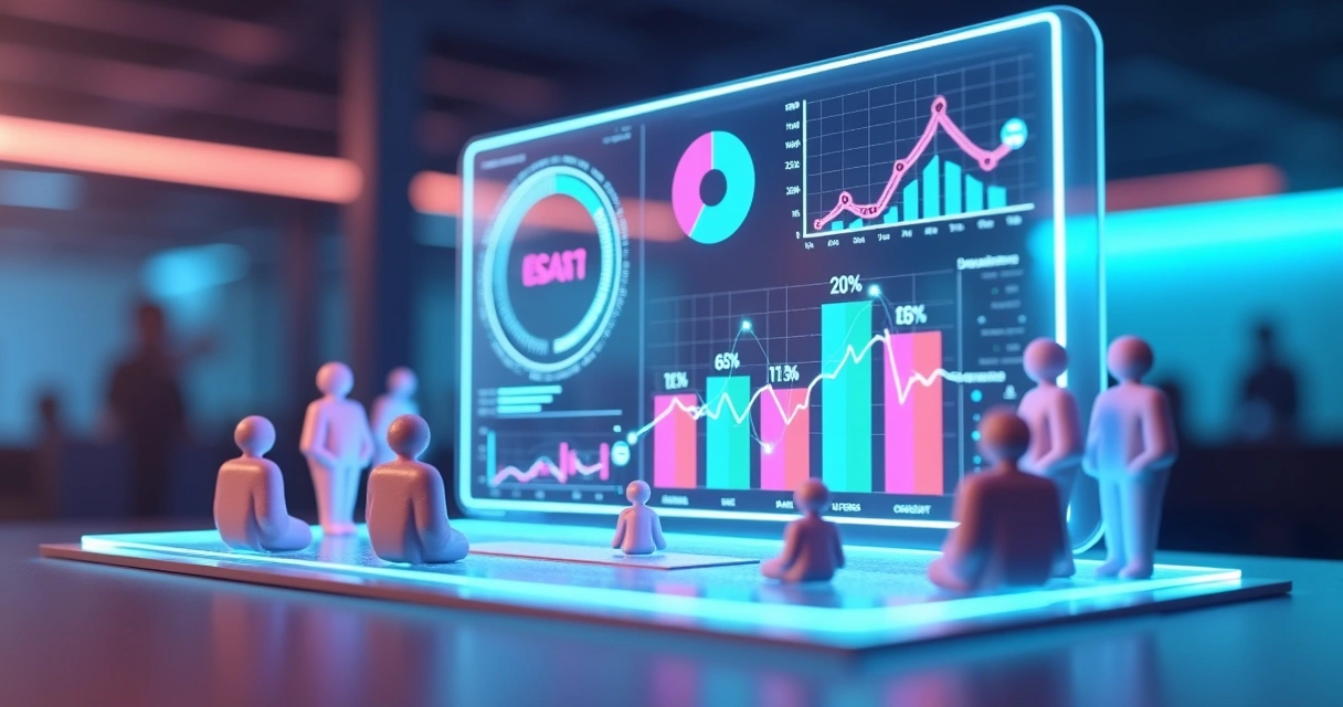 Painel 3D com gráficos e representações de segmentação de clientes e aumento de vendas no e-commerce 