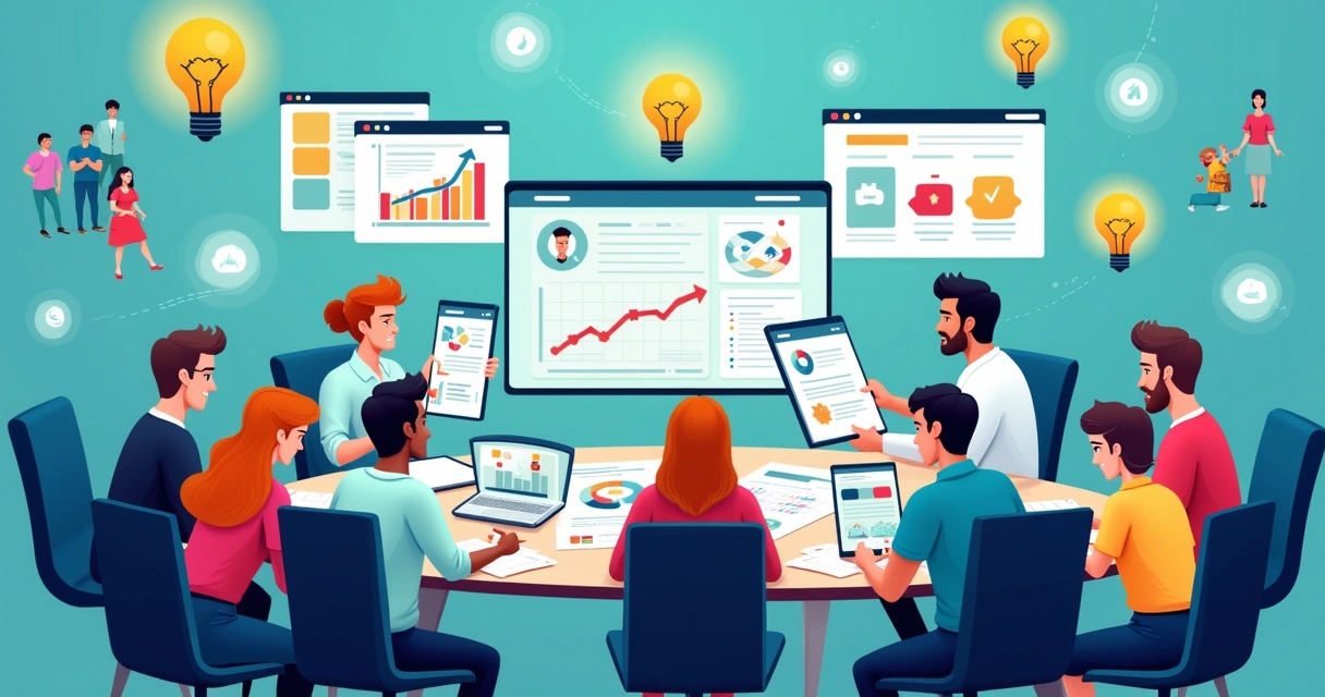 Grupo diverso de profissionais colaborando em marketing com dados sobre segmentação de clientes na mesa.