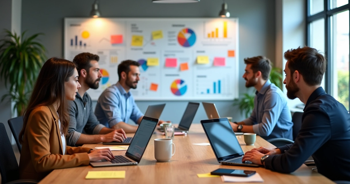 Equipe analisando dados de feedback em computadores 
