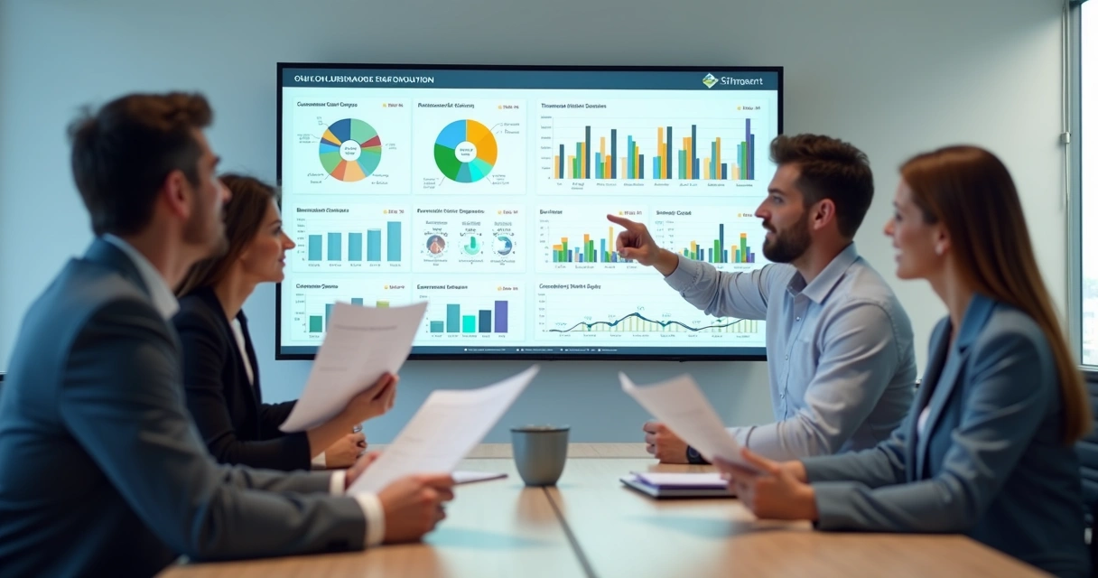 Equipe comercial analisando segmentos de clientes em painel 