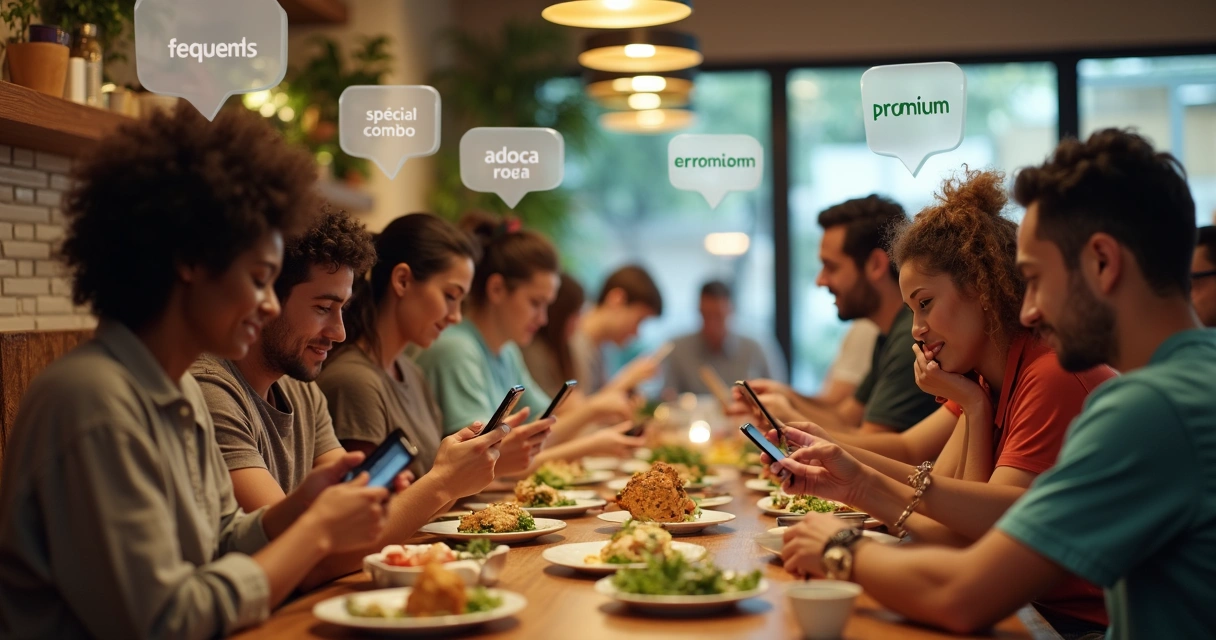 Pessoas ao redor de uma mesa de restaurante diferentes, com smartphones, recebendo mensagens segmentadas do WhatsApp. 