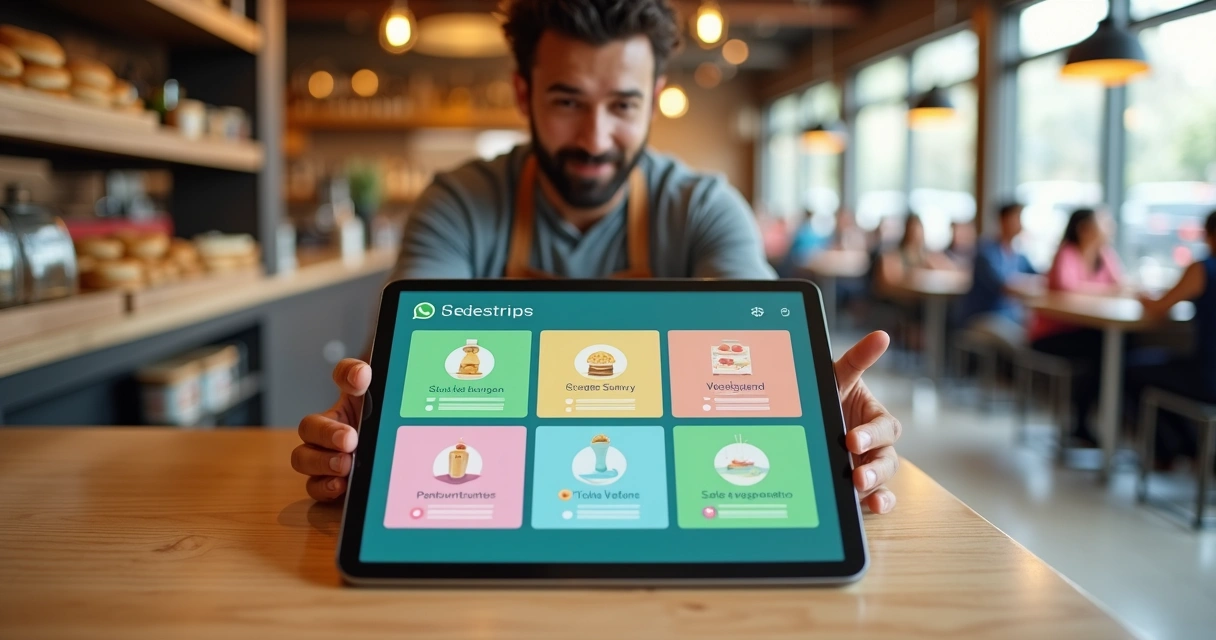 Dono de restaurante organizando clientes em grupos coloridos ligados ao WhatsApp 