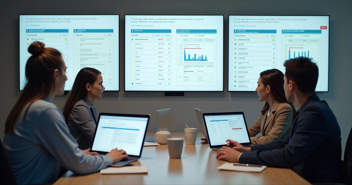 Profissionais analisando dashboards segmentados em laptops diferentes 