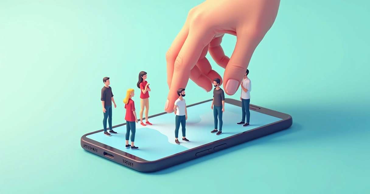 Ilustração de mão separando avatares em grupos menores em uma tela de celular 