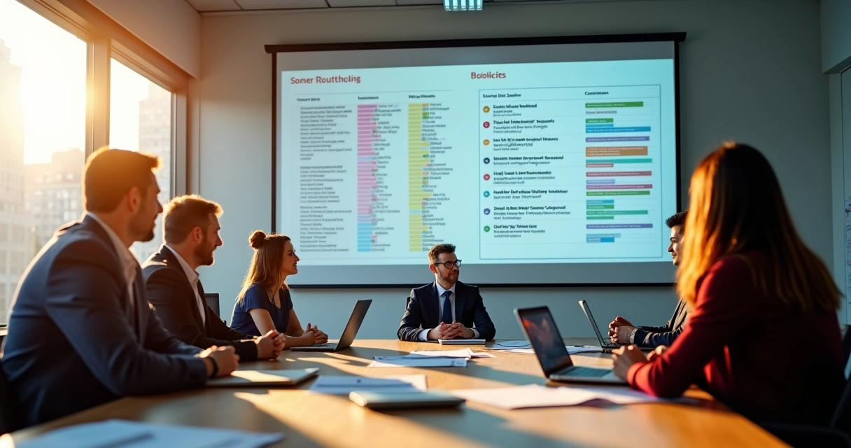 Equipe de assessores analisando lista segmentada de contatos em uma grande mesa de reunião 